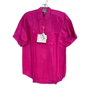 NWT Vintage Women Fuchsia Washable Silk Short Sleeve Button Up Shirt Frenchic SM